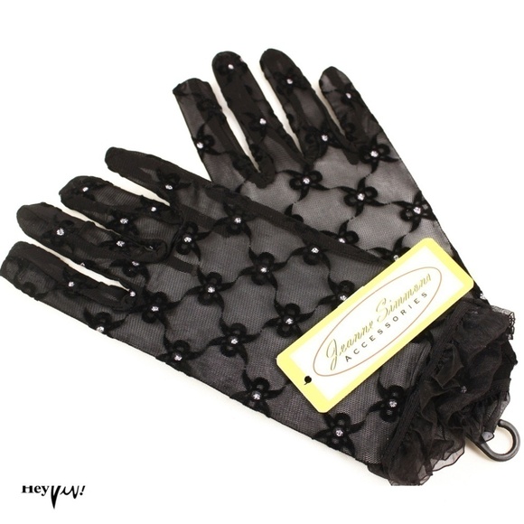 Sheer Black Gloves Wrist Ruffles w Touch of Glitter Bow Design Party Prom - Picture 2 of 3